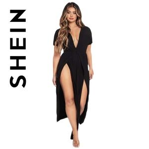 🖤  SHEIN SEXY • Long BLACK Plunging Neck, High Split Thigh Dress, size 12 XL